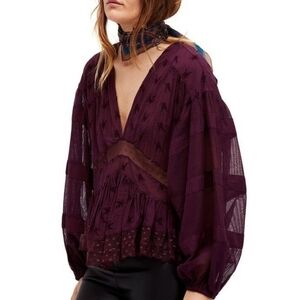 Free People Nostalgic Feels peasant top burgundy wine plum purple sheer sz small